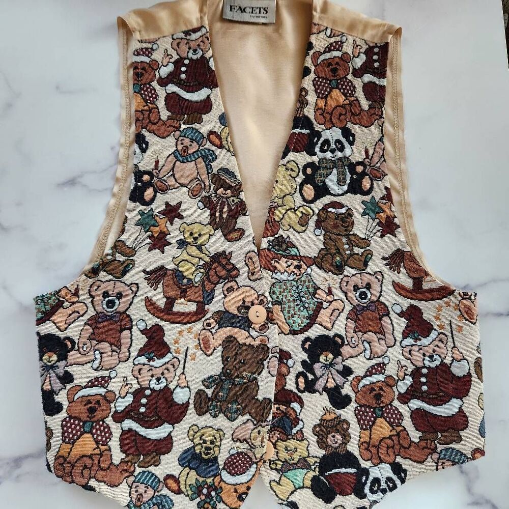 Facets Medium teddy bear tapestry sleeveless vest vintage '90s retro v-neck gran